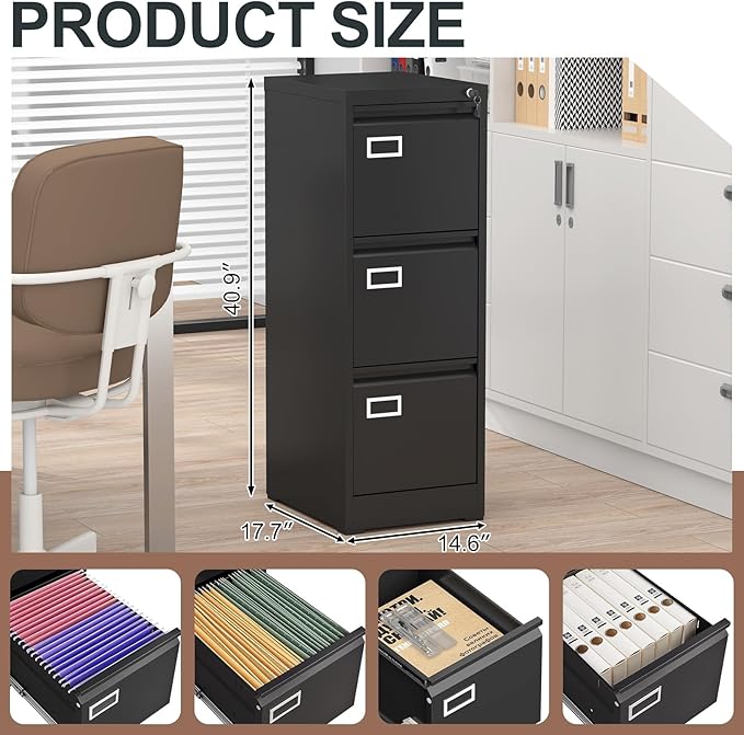LUCYPAL 3 Drawer File Cabinet,Metal Filing Cabinet with Lock for Letter/Legal/A4 Files,Vertical Locking File Cabinets for Home Office,Assembly Required(Black)