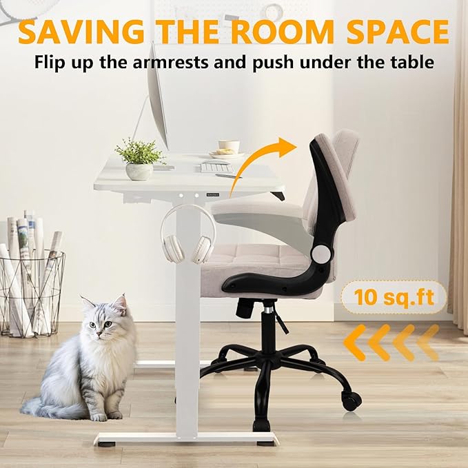 CLATINA Fabric Office Chair Ergonomic Cloth Linen Swivel Desk Chair with Back Support and Padded Flip up Armrests, Executive Rolling Computer Chairs for Work, Conference, Home, Study, Beige, 2 Pack