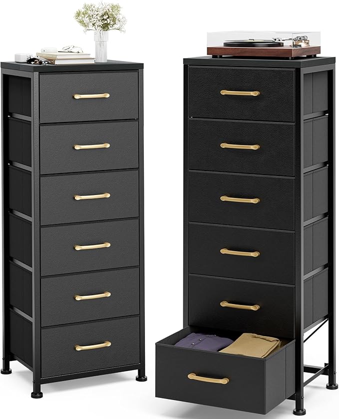 Tall Dresser with 6 Drawers, Chest of Drawers with Fabric Bins, Storage Organizer Tower with Wood Top & Steel Frame for Bedroom, Living Room and Entryway - Black