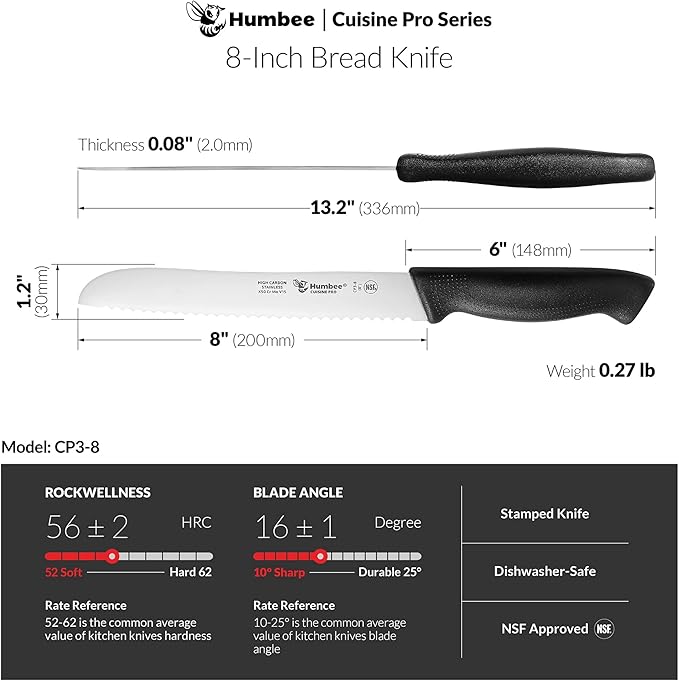 8 Inch Cuisine Pro Serrated Bread Knife, Premium Stainless Steel Wave Edge Razor Sharp Blade Knife for Bread, Dishwasher Safe, NSF Certified, Black