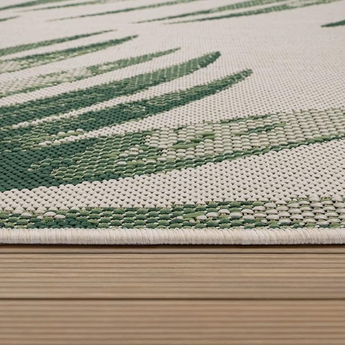 Outdoor Rug Beige Green with Floral Palm Leaf Design Waterproof, Size: 6'7" x 9'6"