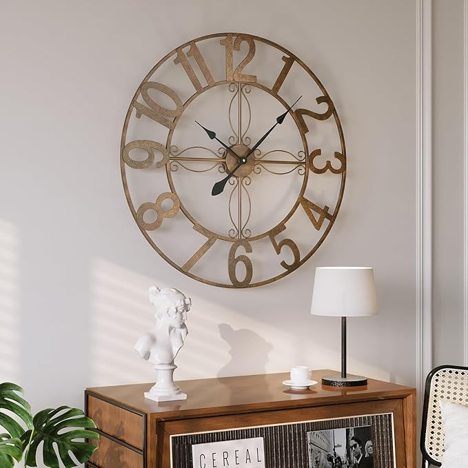 30 Inch Wall Clock, Large Decorative Wall Clock for Living Room, Silent Non-Ticking Battery Operated Metal Round Retro Rustic Arabic Numerals Analog Bronze Clock for Kitchen Mantel Office
