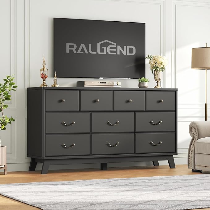 Black Dresser for Bedroom, Wooden 10 Drawer Dresser, 55.1" Wide Chest of Drawers with Vintage Metal Handle, Modern Dressers for Bedroom, Closet, Hallway, Living Room, Dressers TV Stand