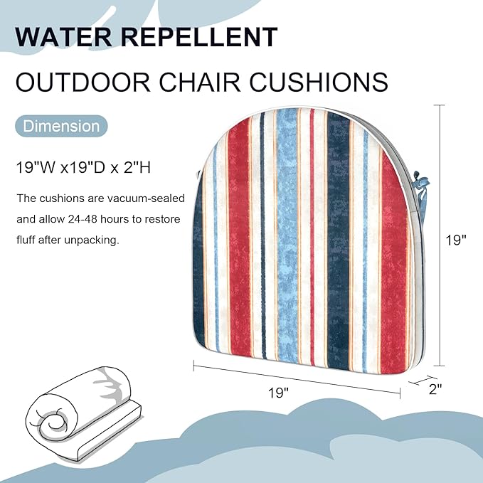 Set of 4 Outdoor Chair Cushions 19"x19"x2",Water Repellent Dining Seat Cushion with Ties and Removable Covers, Chair Cushions for Indoor and Patio Furniture, Stripe Red Blue
