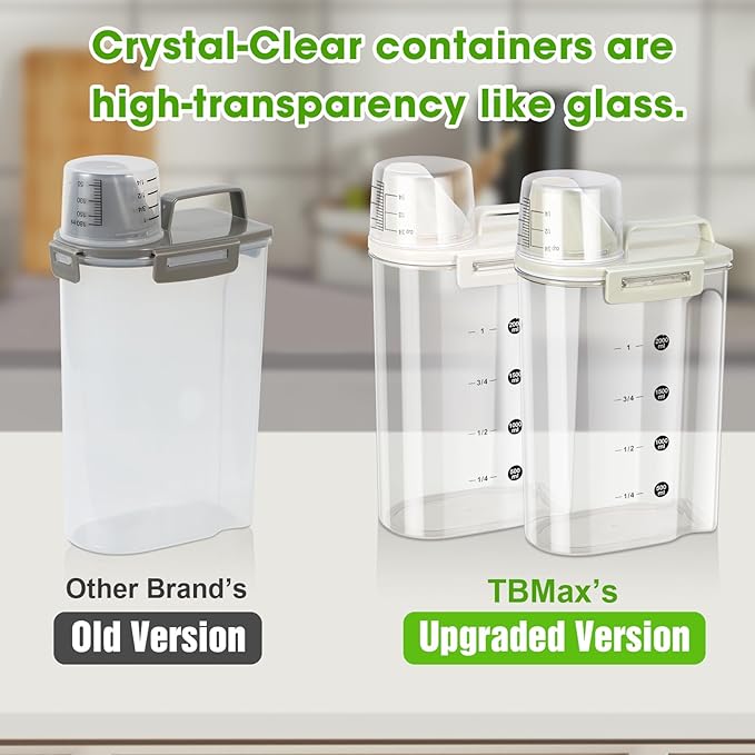 TBMax Rice Container, High Transparency PET Airtight Food Storage Container 2.64 Qt/4 Lbs, Kitchen Pantry Cereal Storage Container with Measuring Cup, Small Pet Cat Dog Food Container Dispenser -Beige