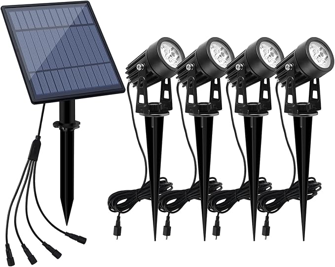 APONUO Solar Spotlights Landscape Lights Low Voltage Outdoor Solar Spotlight IP65 Waterproof 9.8ft Cable Auto On/Off with 4 Cool White for Outdoor Garden Yard Landscape Downlight (4-in-1)