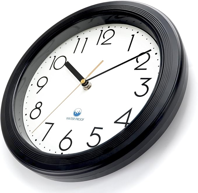 Caysie 11 Inch Sealed Indoor Outdoor Waterproof Wall Clock, Durable Silent Non-Ticking Battery Operated Quality Quartz Round Clock, Wall Decorative for Patio, Pool, Bathroom (Black)