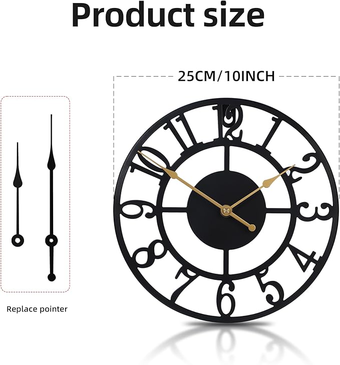 Wall Clock Battery Operated,Silent Non Ticking Modern Rustic Metal Small Clocks for Living Room/Bedroom/Office/Kitchen/Farmhouse Home Decor-10IN(Arabic Number-Black)