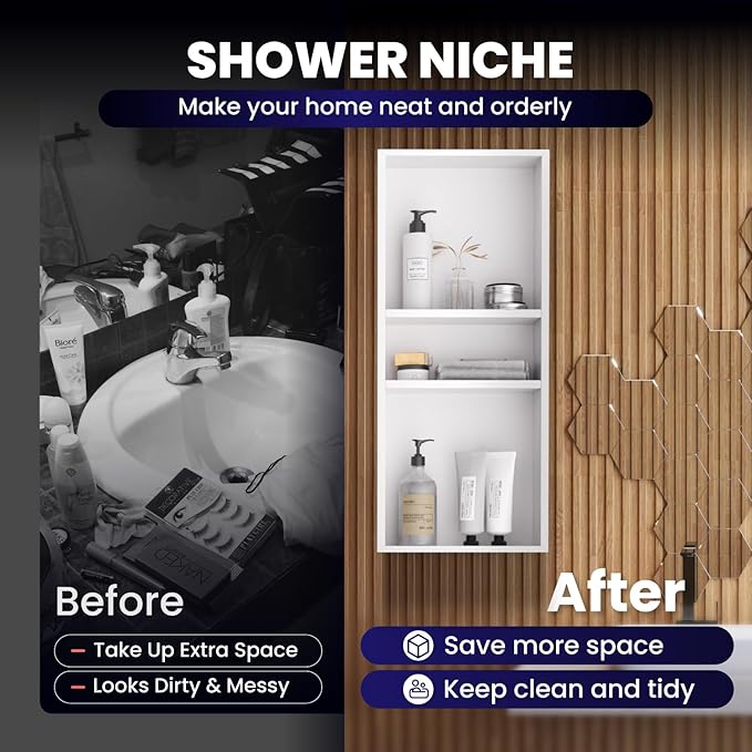 Stainless Steel Shower Niche 12" x 30", 3-Tier Shower Niches No Tile Needed, Recessed Niche for Shower Wall, Shower Niche Shelf for Bathroom Storage, White