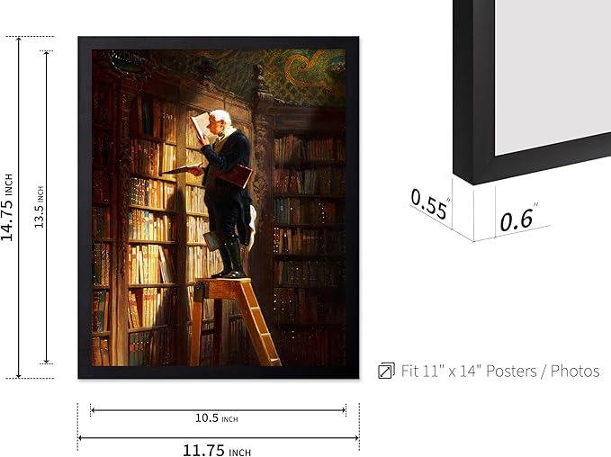 Poster Master Vintage The Bookworm Painting Poster - Retro Reading Book Print - Library Art - Book Lover Art - Book Art - Librarian Art - Great Living Room or Office Decor, 11x14 Black Framed