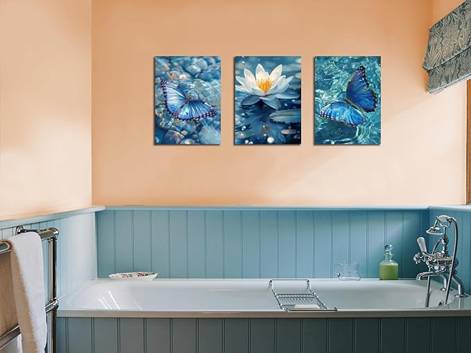 Arjun Blue Abstract Butterfly Canvas Wall Art Water Lily Pond Painting Zen Stones White Lotus Flower Teal Turquoise Pictures Framed for Living Room Bedroom Bathroom Spa Salon Home Office Wall Decor