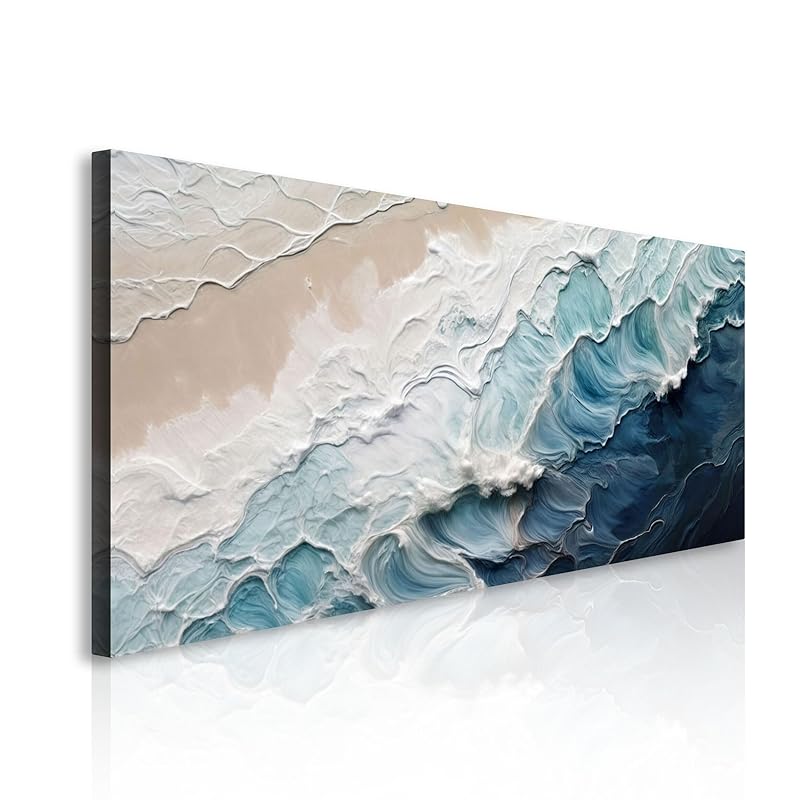Tailored Canvases Crashing Coastal Waves Impasto Wall Art for Living Room, Abstract Seascape Canvas, Beach Paintings, Wave Artwork, Coastal Ocean Decor, Nautical Blue and White Accent Print 60x30