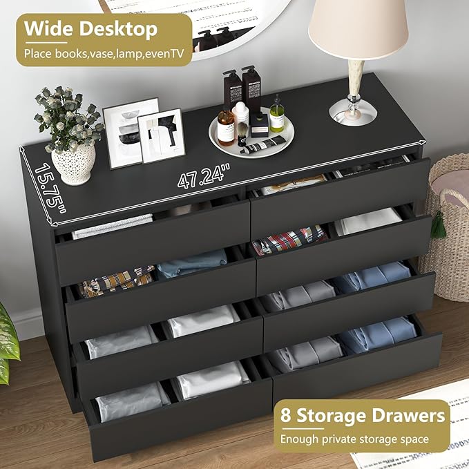 Black Dresser for Bedroom,Modern Large 8 Drawer Dresser with Deep Drawer,Wide Storage Chest of Drawer, Bedroom Storage Furniture,TV Stand for Living Room