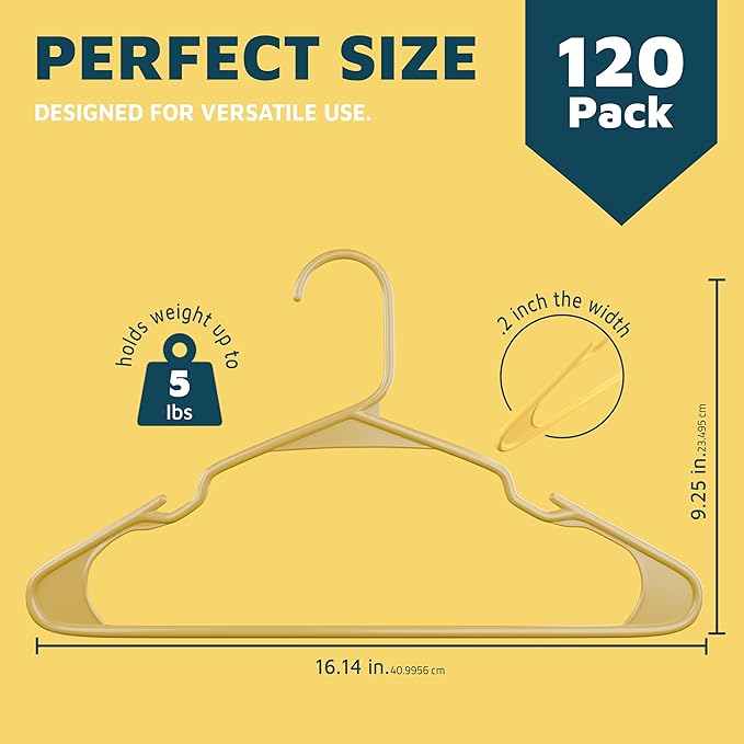 Plastic Clothes Hangers – Heavy Duty Hanger Set, for Organizing Clothes, Dresses, and Coat, Holds Up to 5 lbs, Space-Saving Hangers with Non-Slip Shoulder Grooves, Pack of 120, Yellow