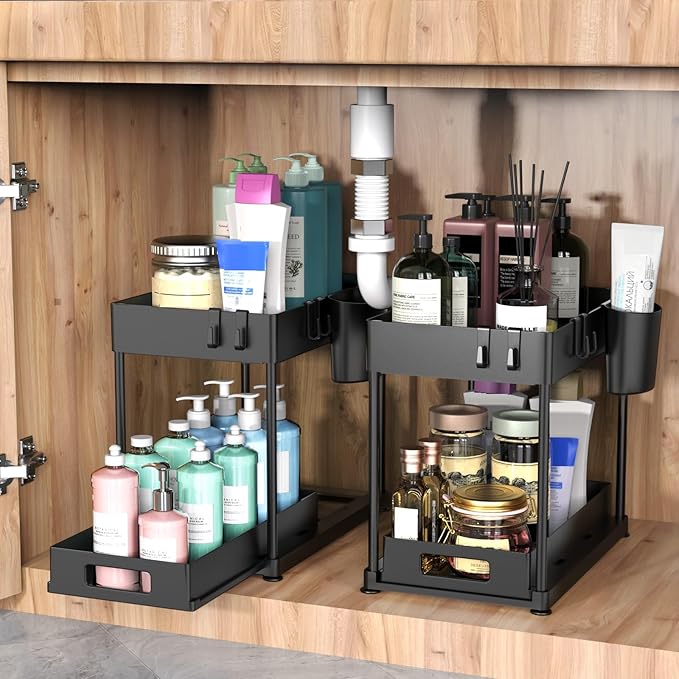 Under Sink Organizers and Storage, 2 Pack Large Capacity Heavy Load Pull-out Under Sink Shelves with Sliding Drawer for Kitchen and Bathroom, Black, 12 x 8.7 x 15.7 inch