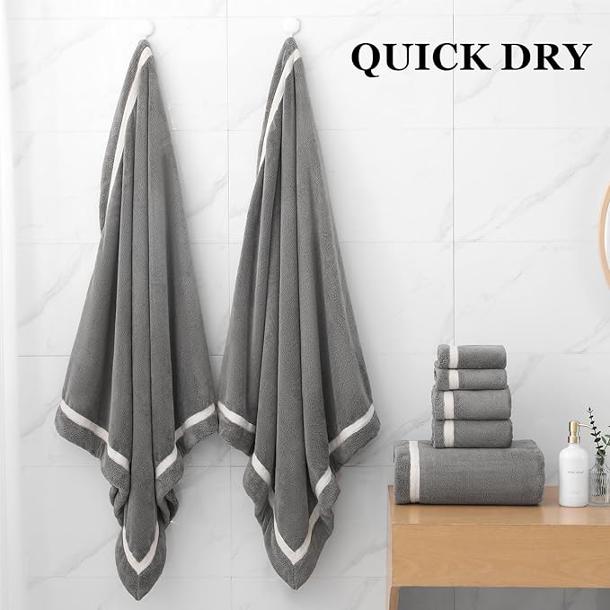 Bath Towel Set，Premium Microfiber Bathroom Towel-2 Extra Large Bath Sheets,2 Hand,2 Washcloths,Super Soft Highly Absorbent Luxury Shower Towels for Bathroom(Dark Grey 6Piece)