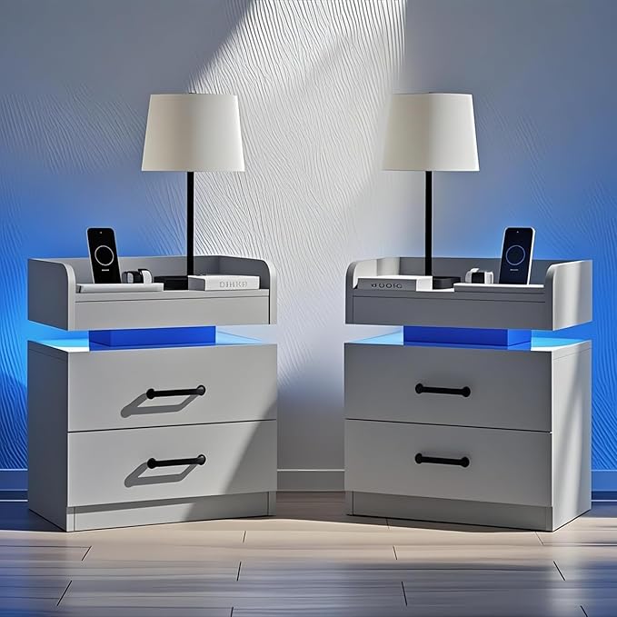 Nightstand with Charging Station, Night Stand with LED Lights, Modern Led End Table, Nightstands Set of 2, Night Stand with 2 Drawers, Bed Side Table with Storage for Living Room (2, Grey)