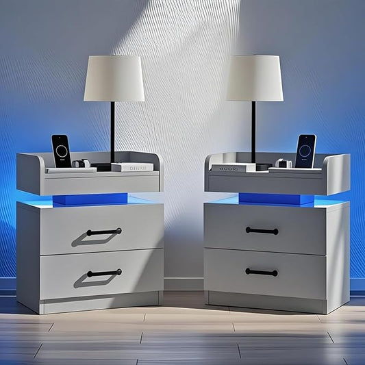 Nightstand with Charging Station, Night Stand with LED Lights, Modern Led End Table, Nightstands Set of 2, Night Stand with 2 Drawers, Bed Side Table with Storage for Living Room (2, Grey)
