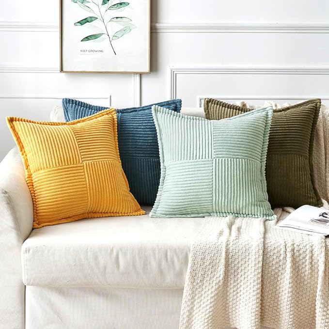MIULEE Mint Green Corduroy Pillow Covers 16x16 Inch with Splicing Set of 2 Soft Boho Striped Pillow Covers Broadside Decorative Textured Summer Pillowcases for Couch Cushion Bed Livingroom