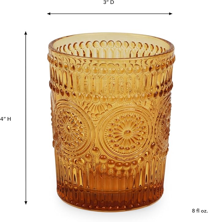 IMPULSE! Tuscan Rocks Glass Set - Amber, Dishwasher Safe, Chic Vintage Style - 8 oz - Ideal for Gin, Mixed Cocktails, Bourbon, Margaritas, Soft Drinks, Beer, Water - Mexican Style Glasses - Set of 4