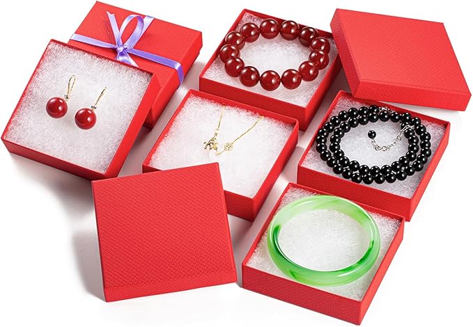 Magicool 96 Pack 3.5x3.5x1 Inch Red Modern Rectangular Jewelry Boxes with Lift-Off Lids, Perfect for Earring, Bracelet, Brooch, Necklace, Ring, Coin, DIY Gift Packaging