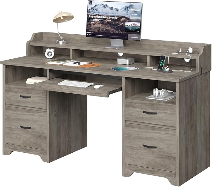 Bestier Farmhouse 59" Executive Desk with Drawers, Wood Computer Desk with Charging Station, Home Office Desk with Keyboard Tray & Monitor Stand, Sturdy Pedestal Desk for Work Study, Grey
