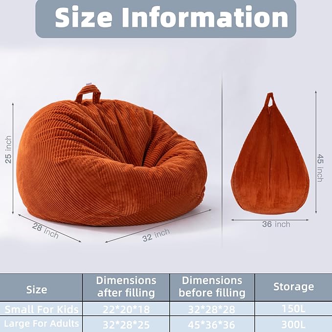 Stuffed Animal Storage Bean Bag Chair Cover, Cover Only (No Filler), Corduroy Toy Organizer Floor Cushion Seat, 48 in/120 cm Slipcover for Teens & Adults,Green