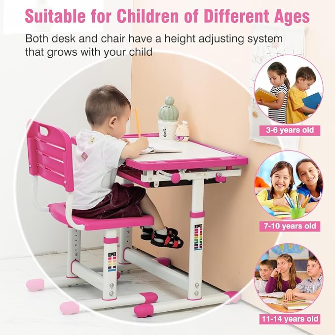 PayLessHere Kids Desk and Chair Set,Height Adjustable Study Desk for Kids with Pull Out Drawer Storage,Multi-function Study Desk and Chair for Writing, Reading and Drawing (Pink)