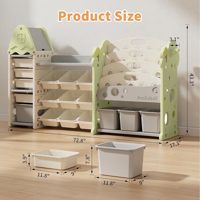 Kids Toy Storage Organizer with 17 Removable Bins, 4-Tier Bookshelf for Kids, Multi-Purpose Castle-Shaped Toy Organizer for Playroom, Bedroom, Nursery, Living Room (Green)