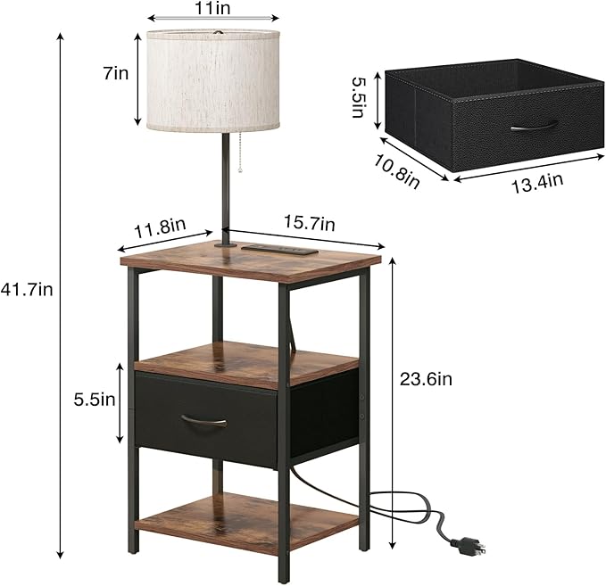 Fixwal Nightstand with LED Lights Bedside Table with 3 Color Temperatures Bulb, Tall NightStand with Charging Station End Table with Adjustable Fabric Drawer for Bedroom Dorm