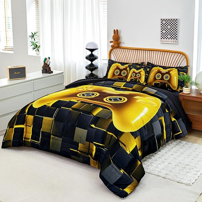 PERFEMET 6 Pieces Queen Bed in A Bag Gamer Black and Gold Boys Comforter Set with Sheets Soft Fluffy 3D Cool Video Game Kids Bedding Set for Teen Girls(Gold, Queen)