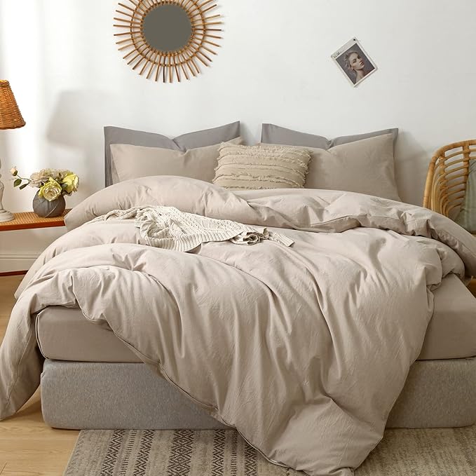MooMee Bedding Duvet Cover Set 100% Washed Cotton Linen Like Textured Breathable Durable Soft Comfy (Heathered Taupe, Palatial King/Oversized King 120"x98")