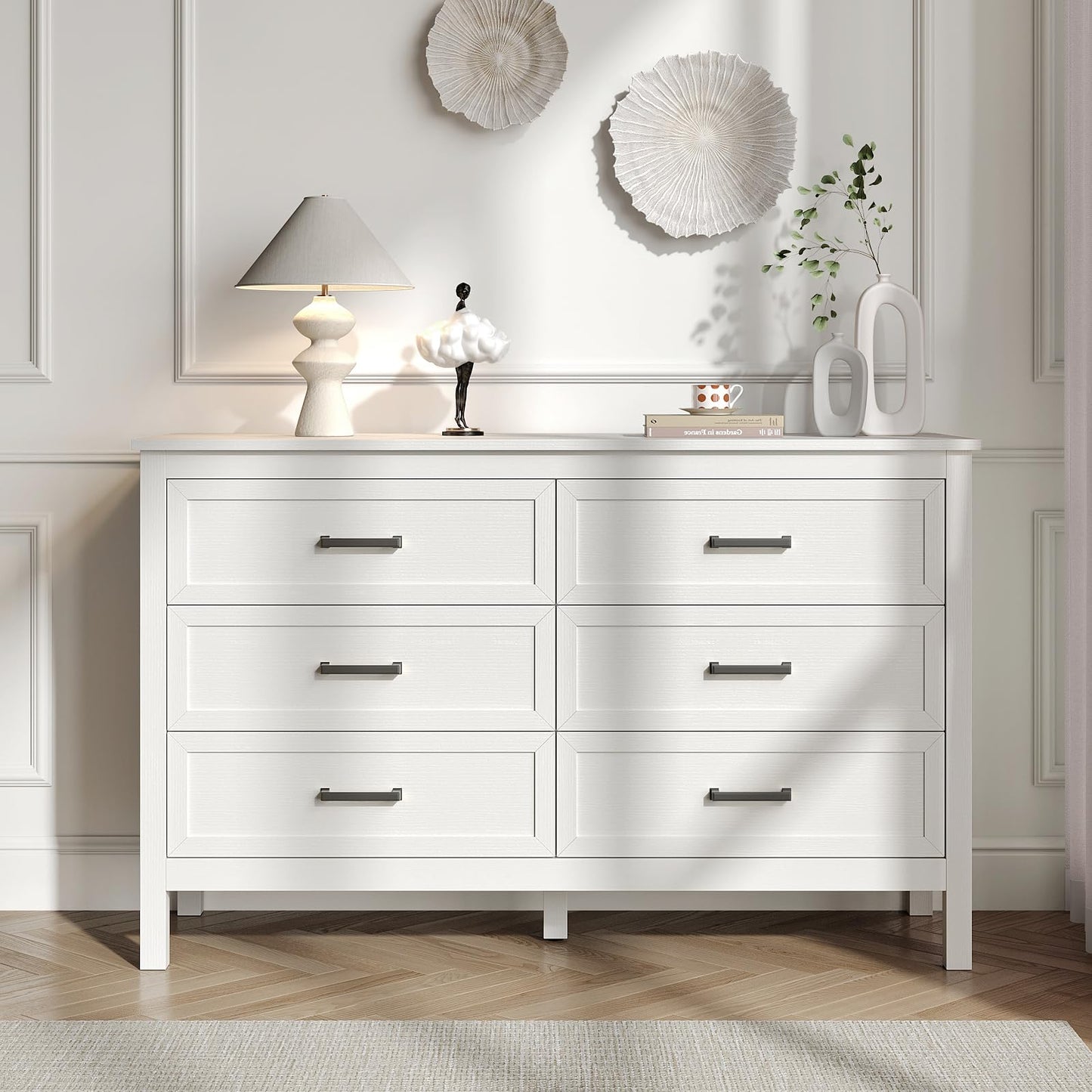 BAZELOR Farmhouse White 6 Drawers Dresser for Bedroom, Wood Rustic Wide Chest with Natural Texture, Storage Dressers Organizer for Bedroom, Hallway, Entryway