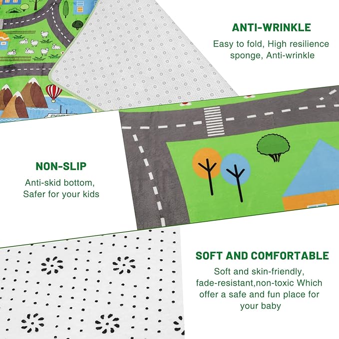 Kids Playmat Car Rug, Kids Play Rugs Town City Road Map Rug, Large Educational Car Mat, Boys Track Play Mat, Kid Rugs for Playroom Bedroom Living Room (Style 3, 59X 39.4 INCH)