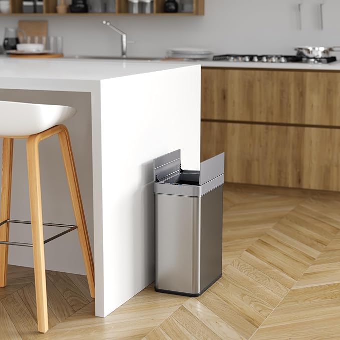 iTouchless 13 Gallon Wings-Open Kitchen Trash Can with Lid and Odor Filter, Dog Proof Stainless Steel Automatic TrashCan Garbage Bin for Home Office Work Bedroom Living Room Garage Slim Wastebasket