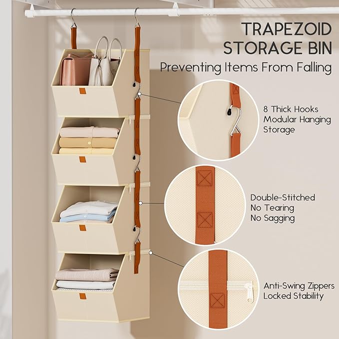 Hanging Closet Organizer 4 Tier - Clothes Hanging Shelves, Space-Saving Closet System, Fabric Storage Bins Bedroom Organization, Collapsible Baskets for Home, Dorm, Rv, Beige, 2 Pack