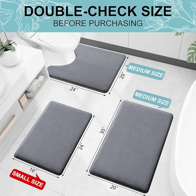 Smiry Memory Foam Bath Mat 36x24, Extra Soft and Absorbent Bathroom Mats, Non Slip Washable Carpet for Floor, Shower and Tub, Dark Grey