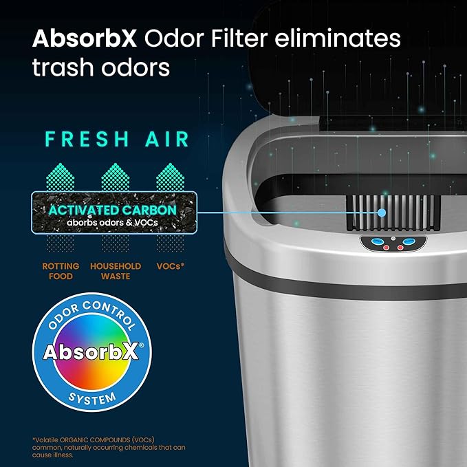 iTouchless 13-Gallon Touchless Kitchen Trash Can – Stainless Steel with Odor Control, Fingerprint-Proof Finish, Motion Sensor Lid & AC Adapter