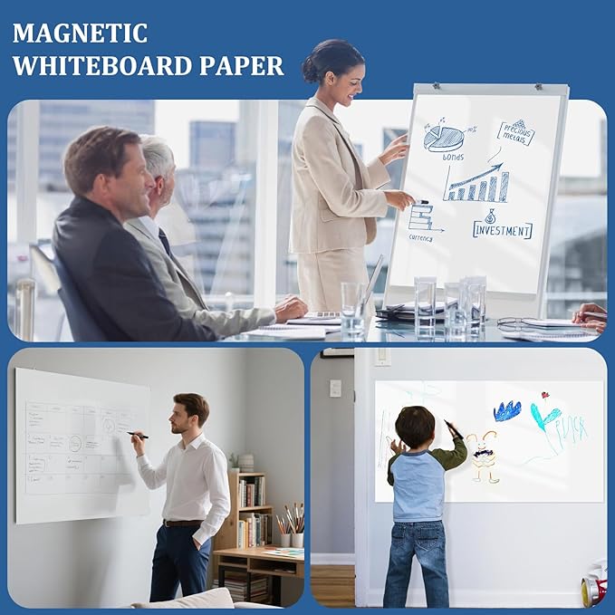 2 Pieces Magnetic Dry Erase whiteboard Paper with self Adhesive Backing Adhesive, 24“ x 18”, Easy to Write and Clean, for Kids Home playroom Office, Peel and Stick Wallpaper.