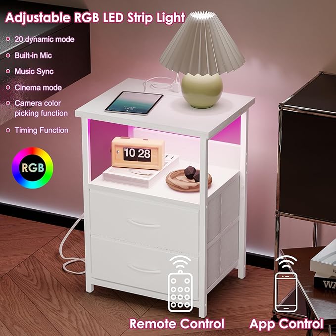 Fixwal Nightstand Set of 2 Night Stand with Charging Station, LED Nightstand with Fabric Drawers, End Table with PU Finish, Bed Side Table, White
