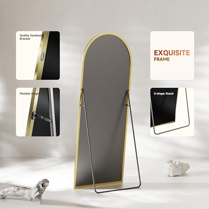 Arched Full Length Mirror 58"x19", Gold Tempered Glass Wall Hanging Mounted Body Length Mirrors with Stand, Large Floor Aluminum Alloy Thin Frame