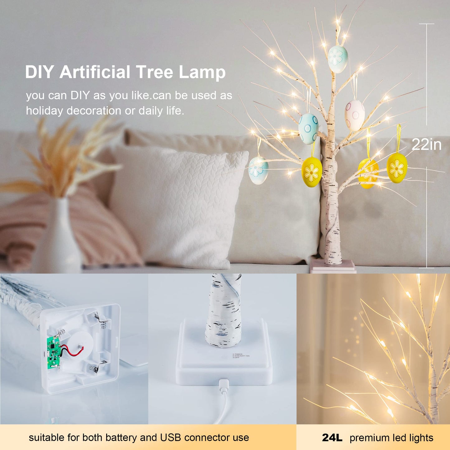 Woohaha Birch Tree Christmas Decorations Indoor for Home,2ft 24LED Warm White Light Up Birch Tree，Battery&USB Tabletop Timer Artificial Mini Christmas Tree with Lights for Holiday Party Wedding