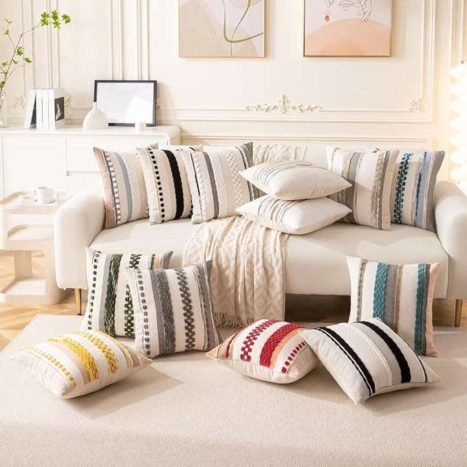 Boho Throw Pillow Covers 18x18 Set of 2 Farmhouse Decorative Cushion Case Striped Square Pillows Cover Chenille Pillow Cases Accent Neutral Pillowcase for Sofa Couch Bed,Blue