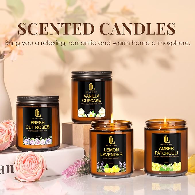 4 Pack Scented Candles Gift Set, 28oz Soy Candle for Home Scented, Aromatherapy Candle Gifts for Women & Men, Scents of Fresh Cut Roses/Lemon Lavender/Vanilla Cupcake/Amber Patchouli