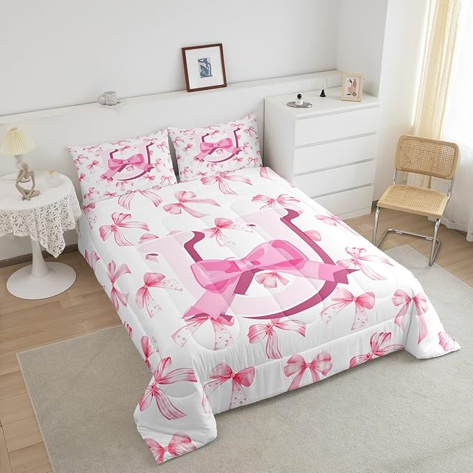jejeloiu Kids Girls Cute Pink Bow Comforter Set Twin Size Monogrammed Bedding Set Ultra Soft Personalized Initial U Duvet Quilt Coquette Bow Knot Quilt Set Room Decor Modern Fashion Comforter