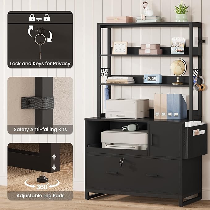 SEDETA File Cabinet with Lock, Filing Cabinet Fits Legal/Letter/A4 Size, File Cabinets for Home Office with Adjustable Storage Shelf and Hook, Black