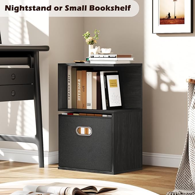 Furologee S Nightstand with Charging Station, 3 Tier Open End Table with Drawer, Wood Bedside Table with Storage for Living Room/Bedroom/Small Space, Black Oak