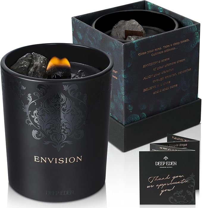 Scented Candle, Wood Wick, 7.4 Oz, Black - Luxurious, Powerful Manifestation Crystal Candle - Hand Poured with Natural Soy, Coconut and Beeswax - Essential Oils and Exotic Fragrance