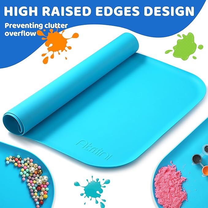 Silicone Craft Mats for Kids 24"x16"– with Raised Lip & Non-Slip | Reusable Silicone Art Mat for Play Sand, Painting, DIY Crafts | Durable Design (Blue)