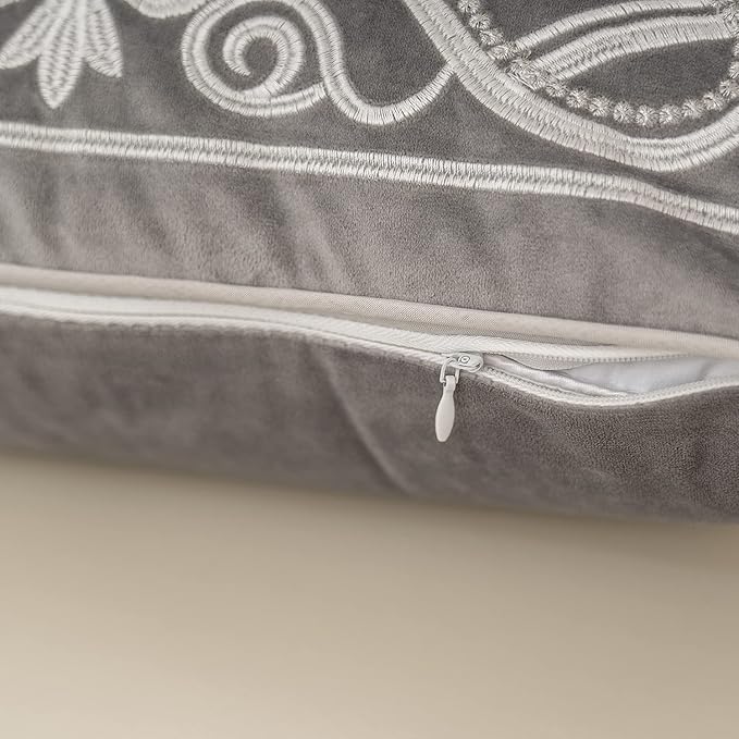 Aeckself 12 x 20 Inch European Cushion Cover Luxury Velvet Home Decorative Embroidery Floral Rectangle Throw Pillow Case Pillowcase for Couch Bed Living Room, Grey and White